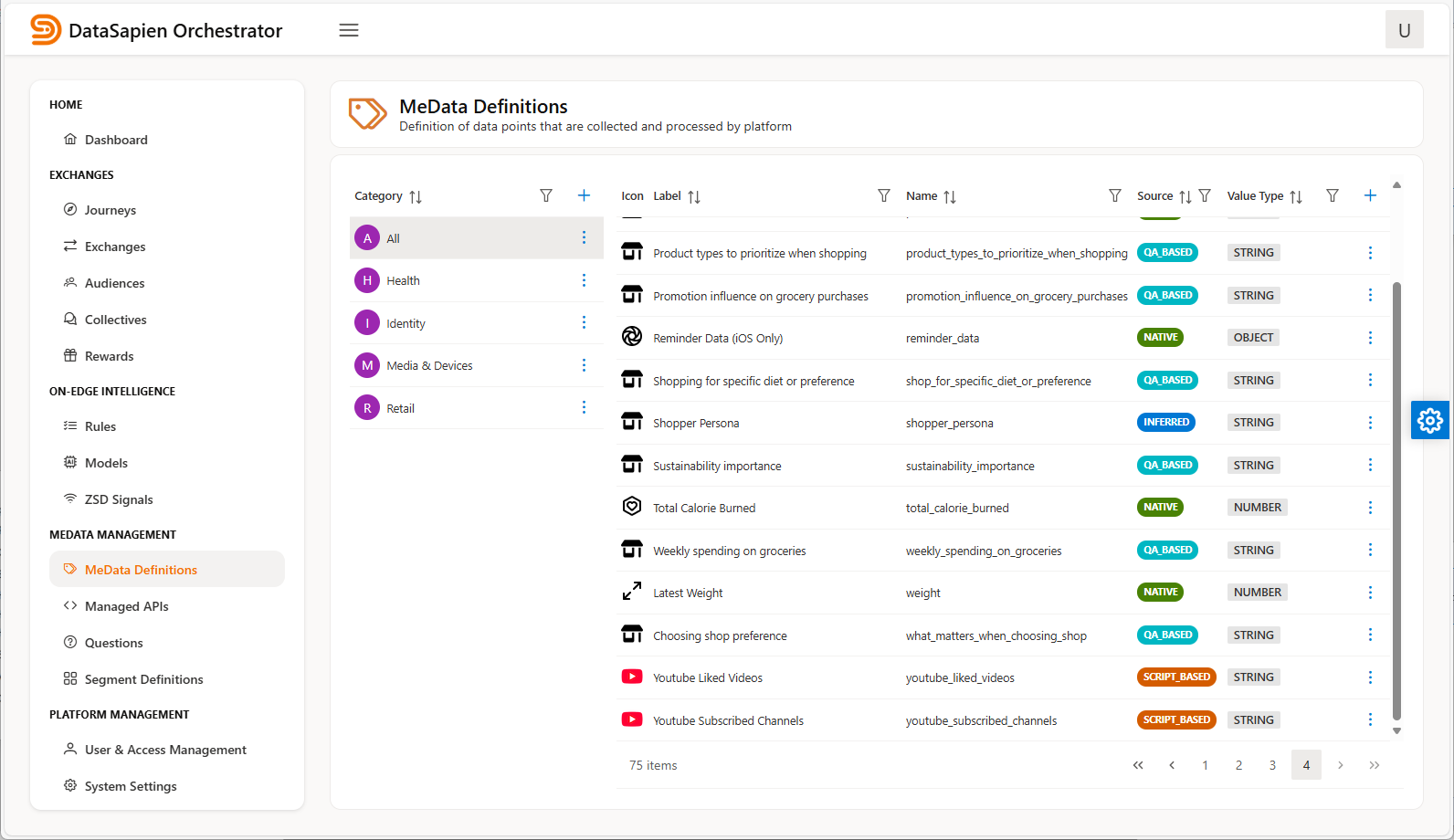 Orchestrator MeData Definitions page