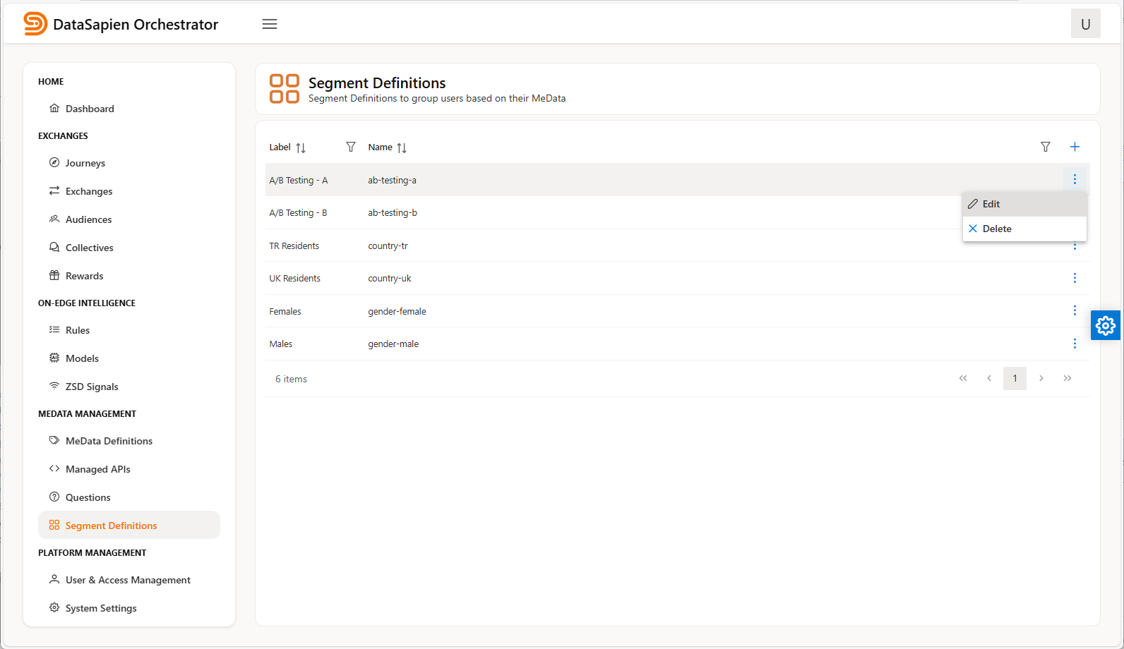 Orchestrator Segment Definitions page